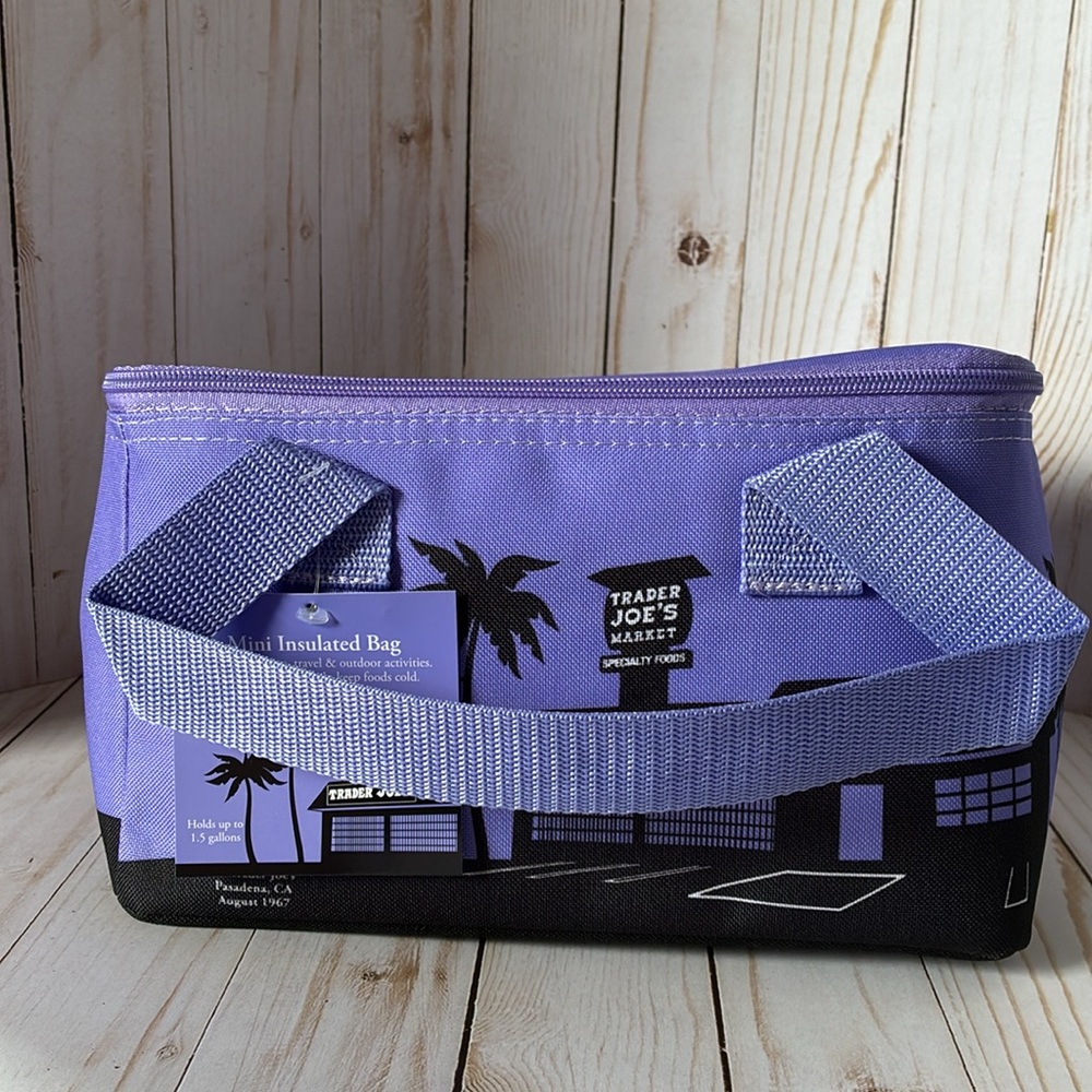NWT Trader Joe’s MINI Insulated Bag Cooler Tote Handles Lavender Purple Black